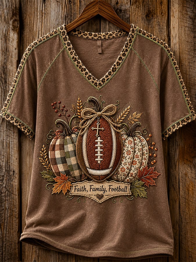 Women's Vintage-Style Rugby-Themed "Faith" Print T-Shirt for Autumn