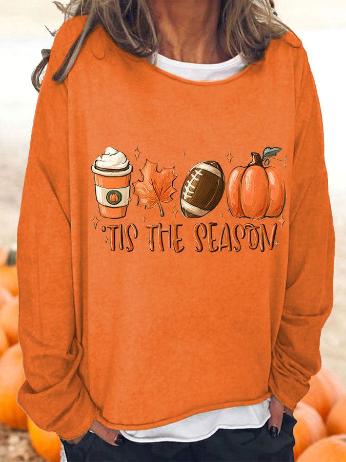 Women's TIS THE SEASON football latte leaves Pumpkin Fall T-Shirt