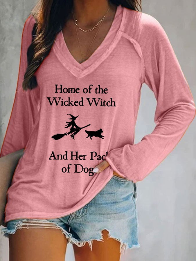 V-neck Home Of The Wicked Witch And Her Pack Of Dogs Long Sleeve T-Shirt