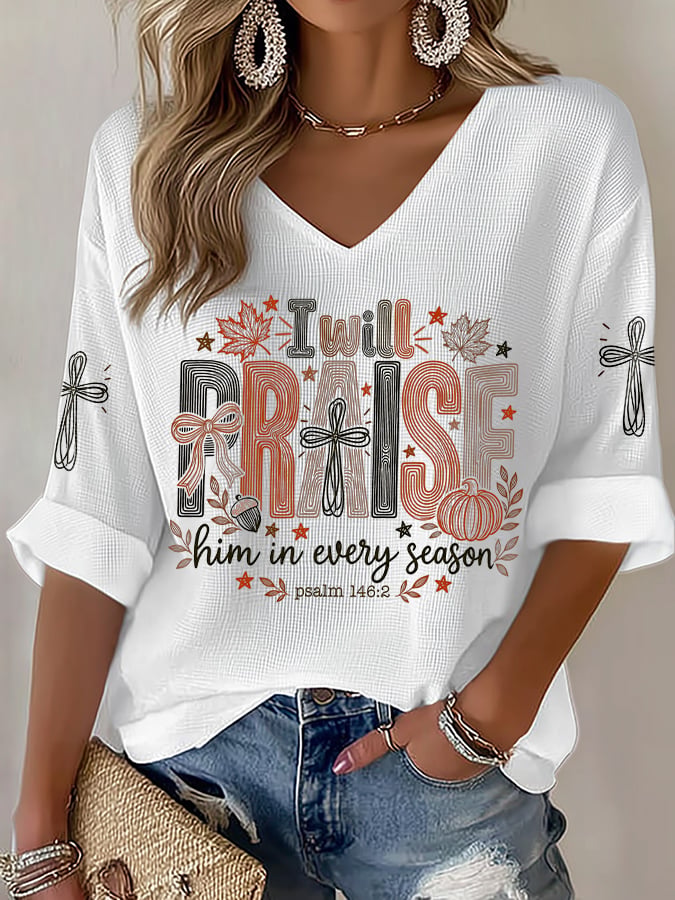 Women's Casual Printed Waffle Top