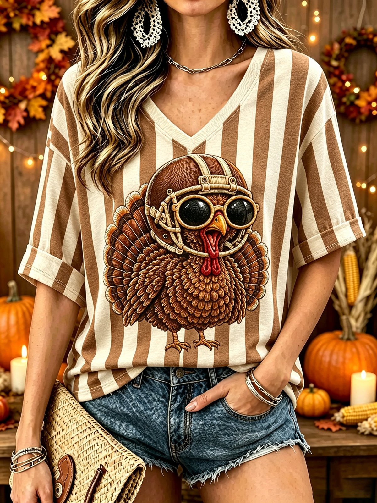 Women's Fun Turkey Football Print T-Shirt