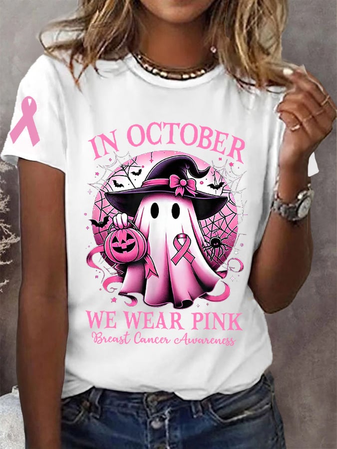 Women's In October We Wear Pink Halloween Ghost Breast Cancer Awareness Warrior Tee