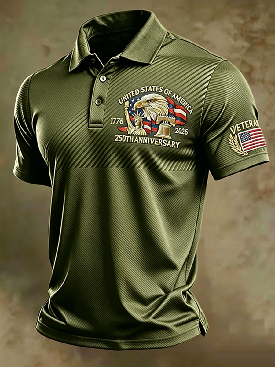 Men's USA 250th Anniversary 1776-2026 Eagle Veteran American Flag Patriotic Casual Polo Top