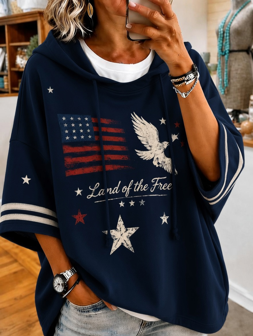 Women's Vintage Eagle USA Flag Land Of The Free Tie Dye Short Sleeve Loose Hoodie