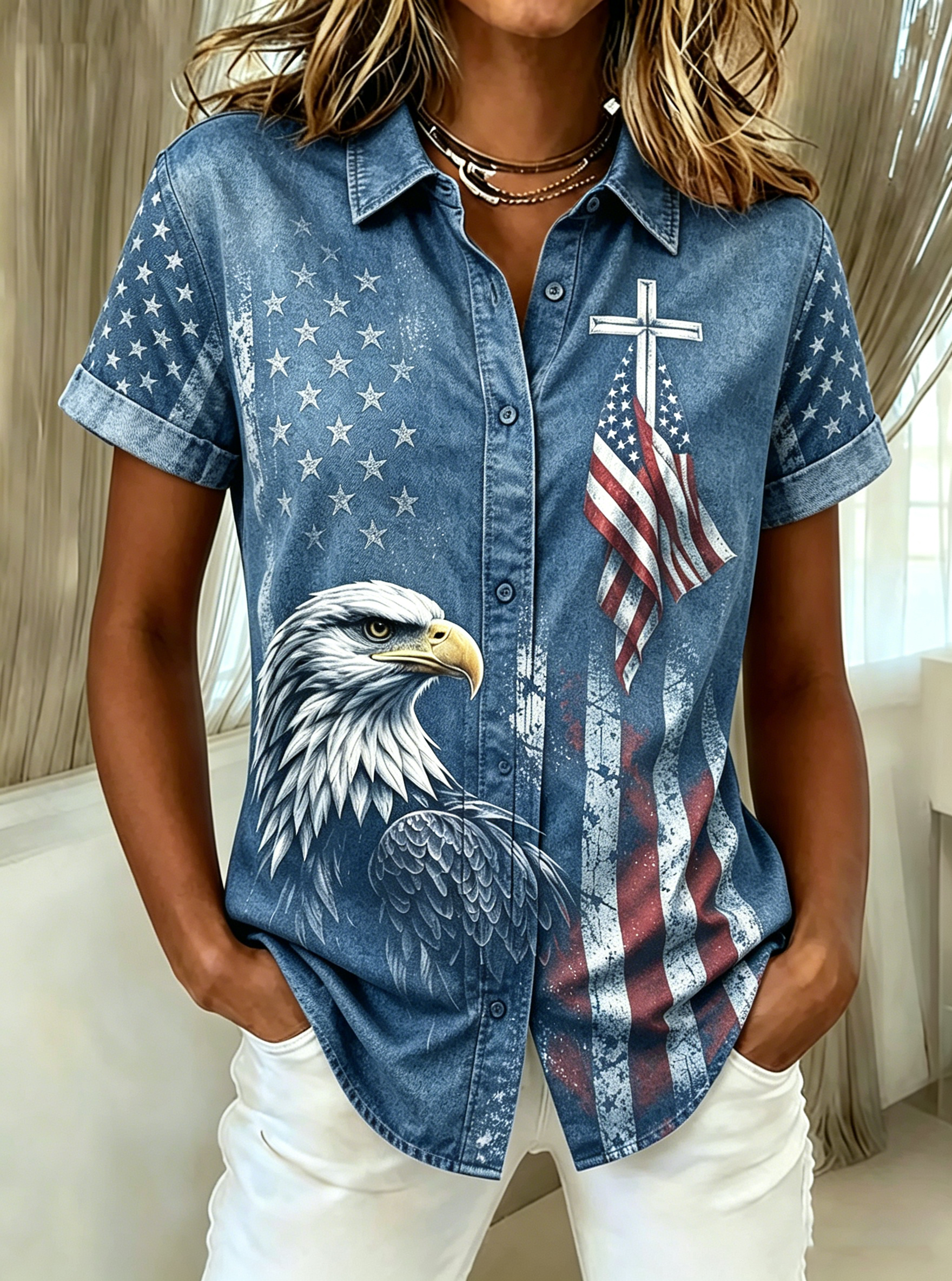 A Shirt With Floral Embroidery Flag Print And Short Sleeves In The Western United States
