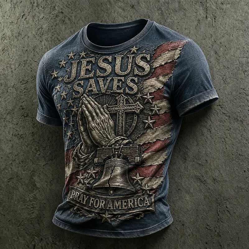 Jesus Saves Pray for America Vintage American Flag Graphic T-Shirt