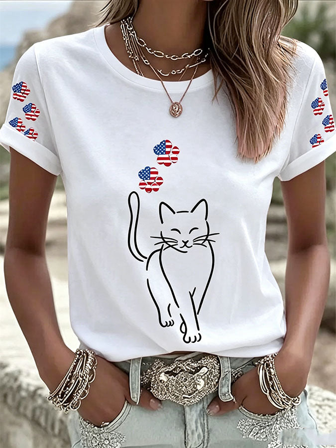 Women's America Flag Cat Casual T-Shirt