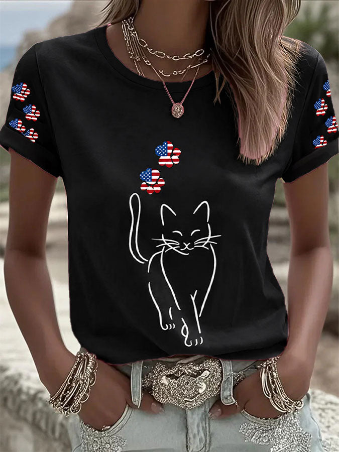 Women's America Flag Cat Casual T-Shirt