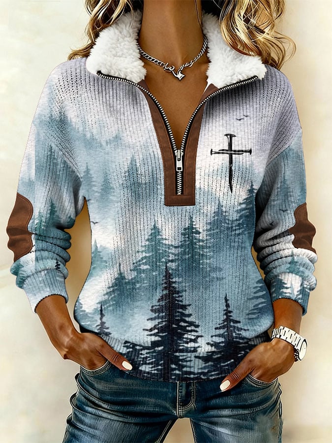 Women's Casual Retro Print Patchwork Fur Collar Long Sleeve Sweatshirt