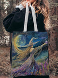 Witch And Flowers Under The Full Moon Art Print Canvas Bag