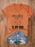 Women's My Dog Is My Boo Halloween Dog Print V-Neck T-Shirt