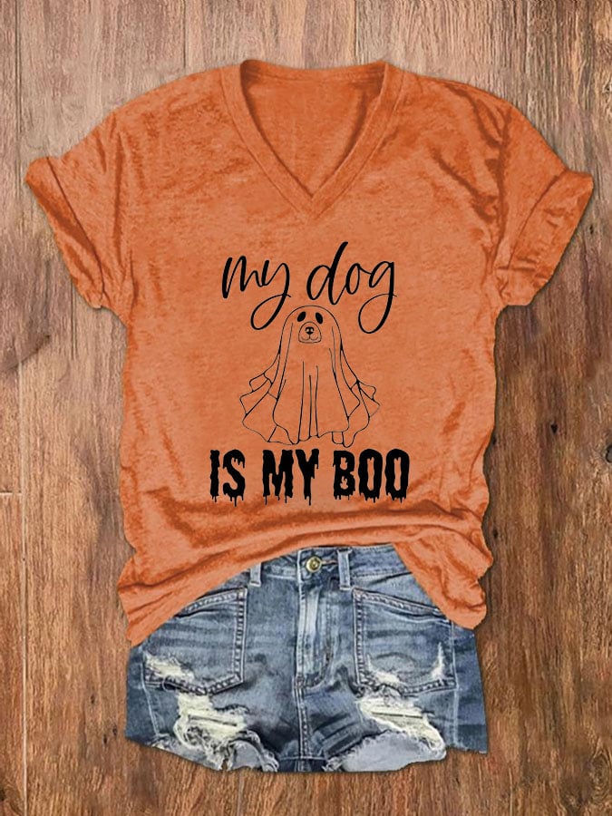 Women's My Dog Is My Boo Halloween Dog Print V-Neck T-Shirt