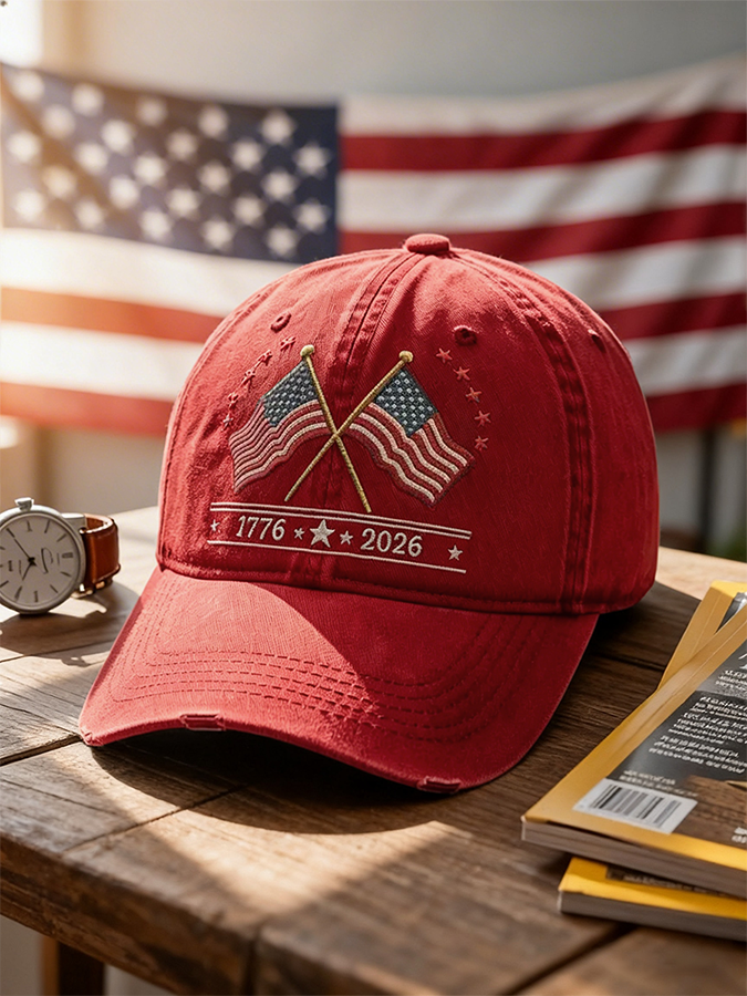 Crossed American Flags 1776-2026 Washed Baseball Cap