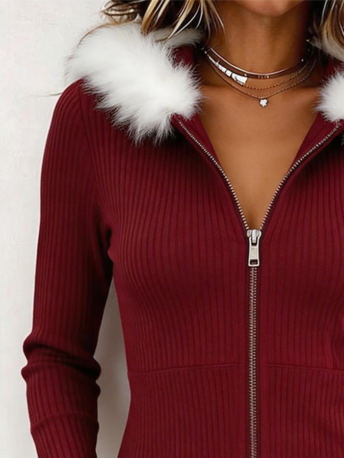 Women'S Fur-Collar Zip-Up Hooded Cardigan