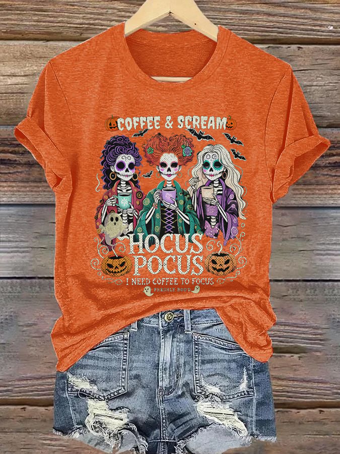 Women's Casual I Need Coffee to Focus Halloween Print Short Sleeve T-Shirt