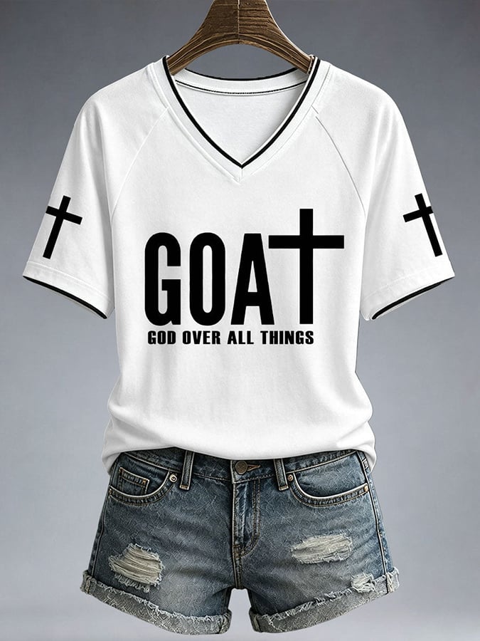 Women's God Over All Things Print V Neck T-shirt