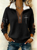 Women's Casual Retro Faith Print Patchwork Fur Collar Long-Sleeve Sweatshirt