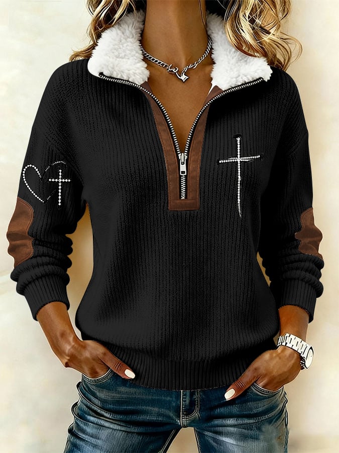 Women's Casual Retro Faith Print Patchwork Fur Collar Long-Sleeve Sweatshirt