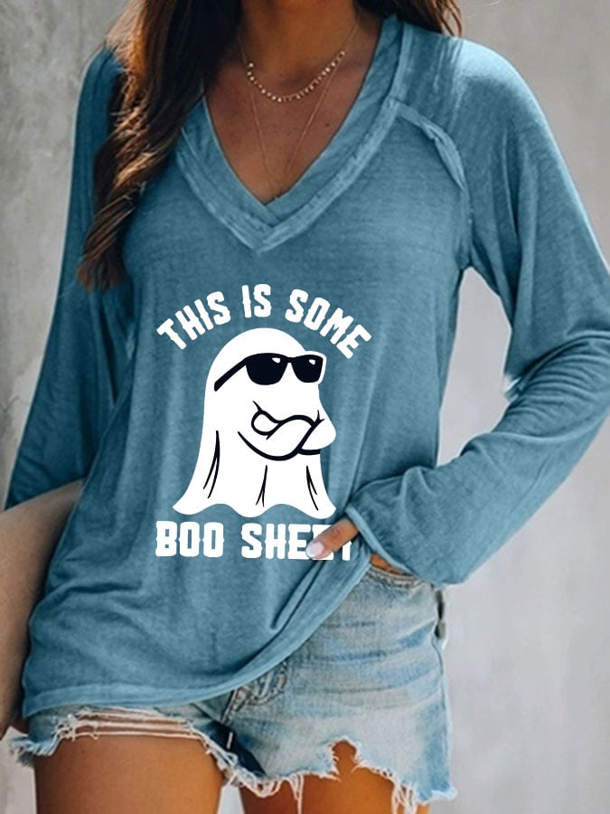 Women's Halloween This Is Some Boo Sheet Printed Casual Long Sleeve V-Neck T-Shirt