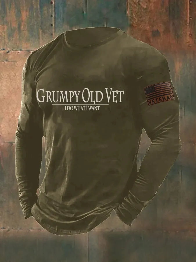 Men's Veteran Flag Printed Casual Long Sleeve T-Shirt