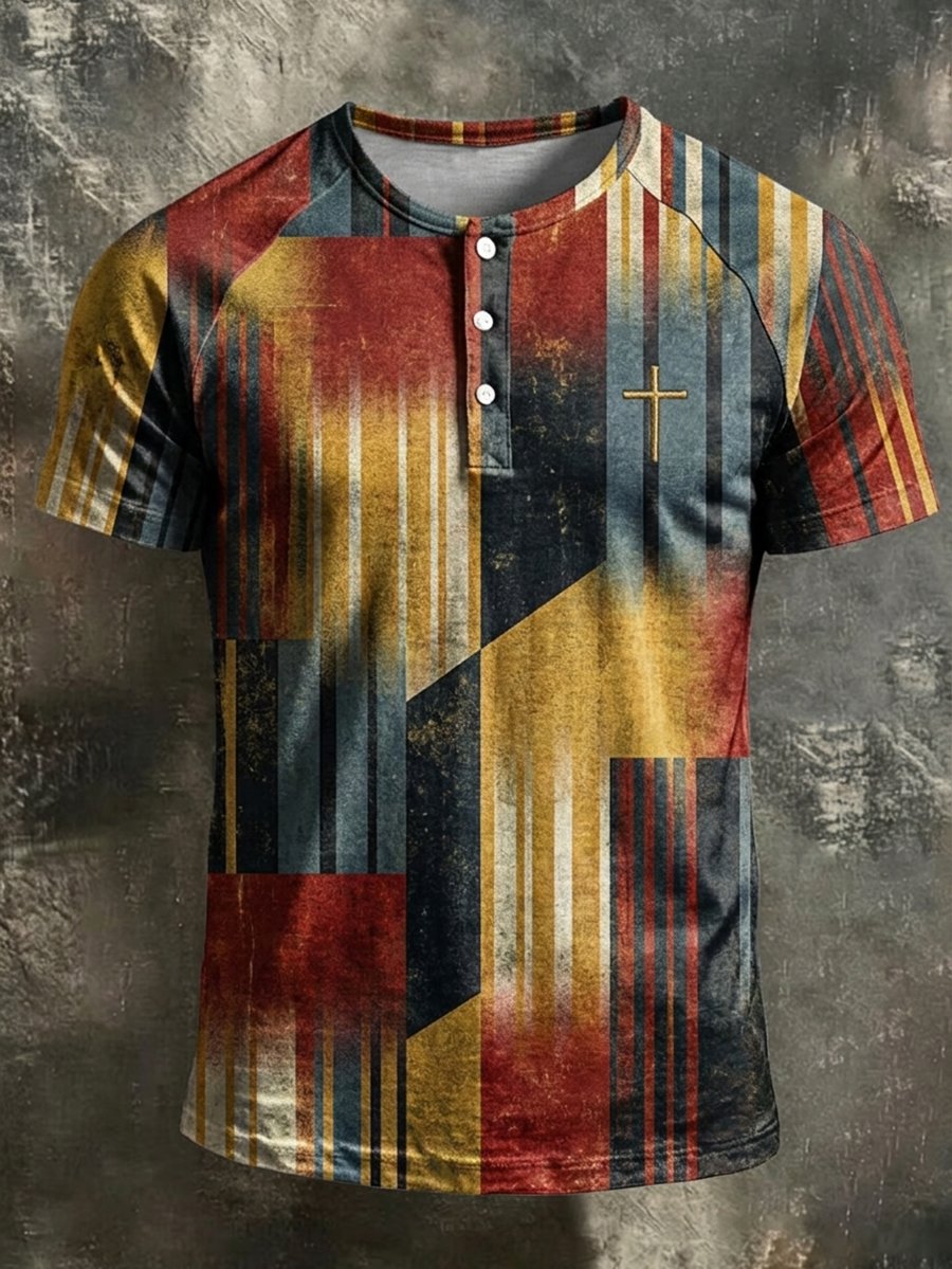 Men's Retro Faith Raglan-Sleeve Henley T-shirt
