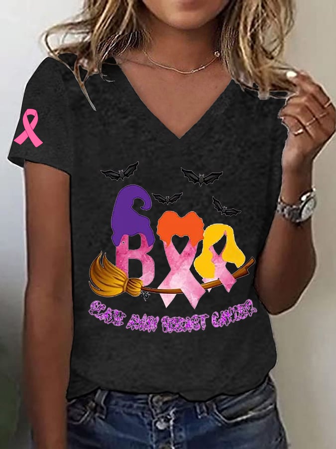 Women's Breast Cancer Awareness Boo Cancer Ribbon Witch Broom Print T-Shirt
