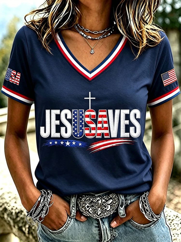 Women’s 'Jesus Saves USA' V-Neck T-Shirts