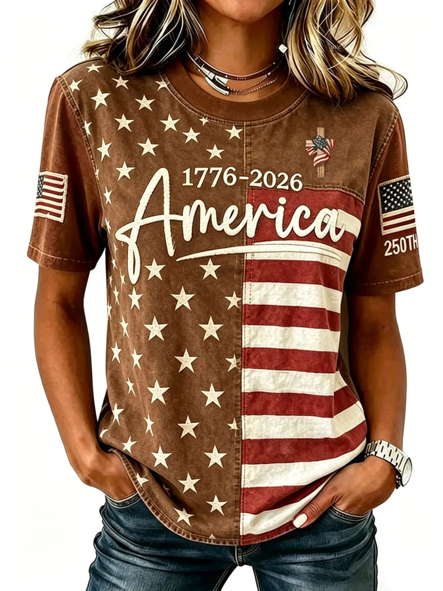 Ladies' Casual Round Neck American 250Th Anniversary Cross Print T-Shirt