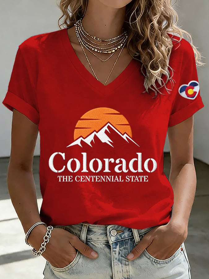 V-Neck Retro Colorado The Centennial State Print T-Shirt