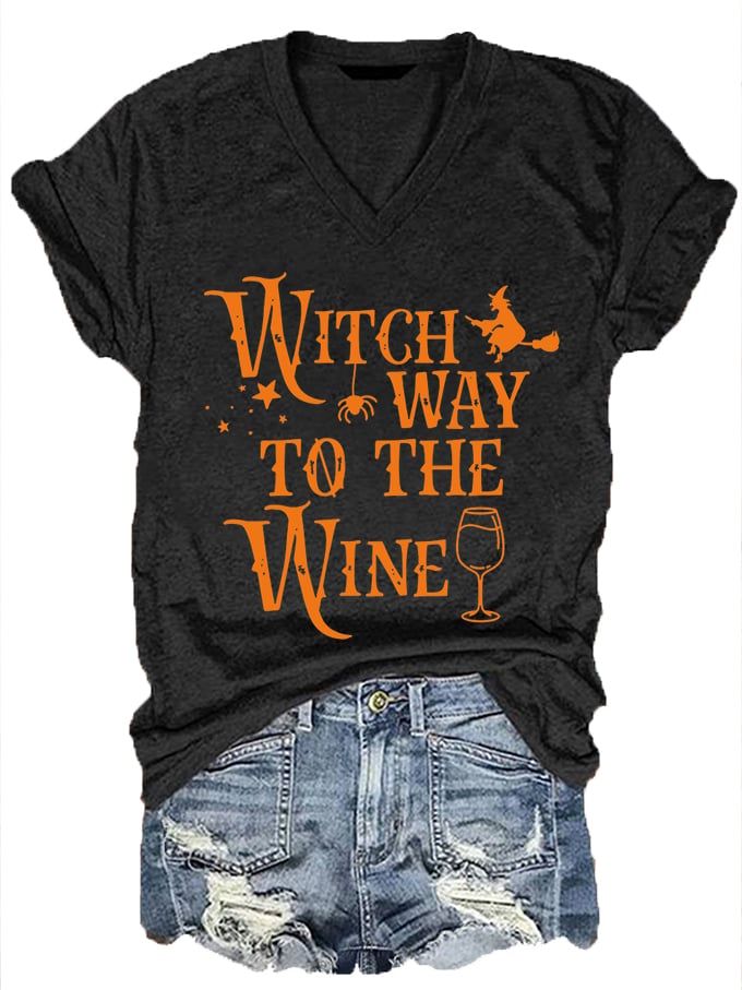 Women's Halloween Witch Way To The Wine Print V-Neck T-Shirt