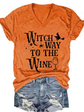Women's Halloween Witch Way To The Wine Print V-Neck T-Shirt