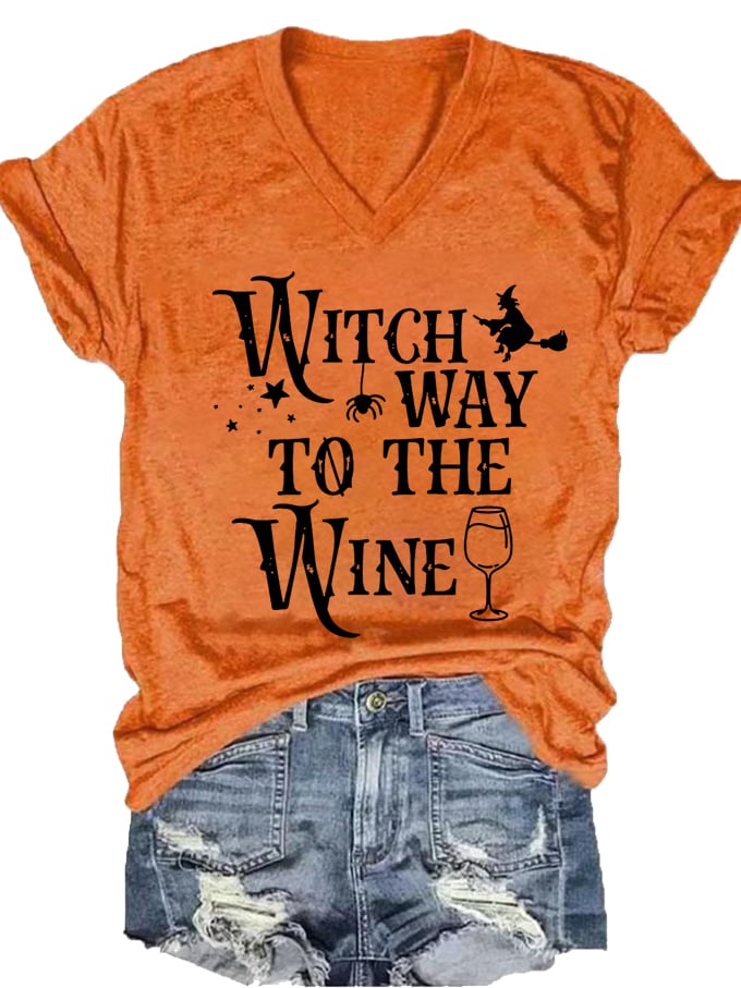Women's Halloween Witch Way To The Wine Print V-Neck T-Shirt