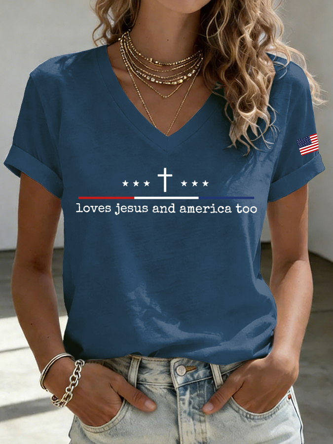 Women'S Loves Jesus and America Too Print Printed T-Shirt
