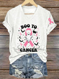 Women's Breast Cancer Awareness Halloween Boo To Cancer Ghost Pink Ribbon Print T-Shirt