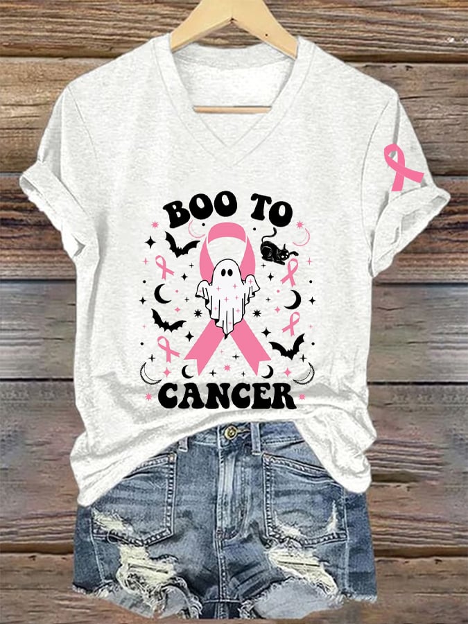 Women's Breast Cancer Awareness Halloween Boo To Cancer Ghost Pink Ribbon Print T-Shirt
