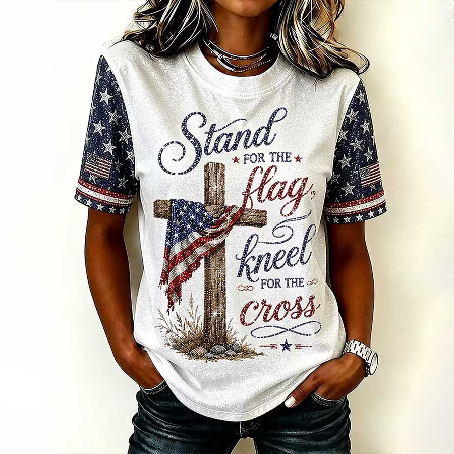 American Faith Flag Glitter Print Round Neck Top