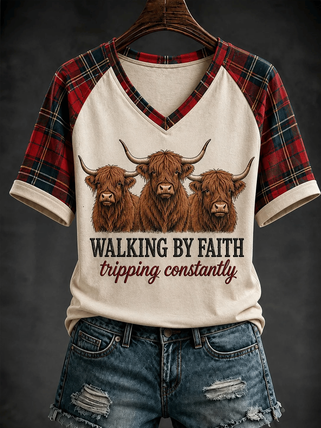 Women's Walking By Faith Tripping Constantly V-neck Off-shoulder Short-sleeved T-shirt