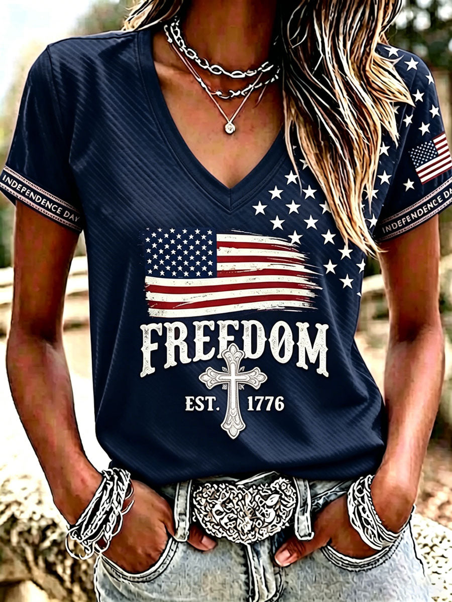 Women's Independence Day Cross Faith V-neck T-shirt