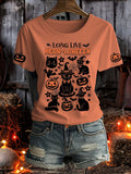 Women's Halloween Black Cat And Pumpkin Print Short Sleeve T-Shirt