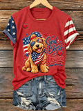 Ladies' 250Th Anniversary American Flag Dog Print V-Neck Short Sleeved T-Shirt