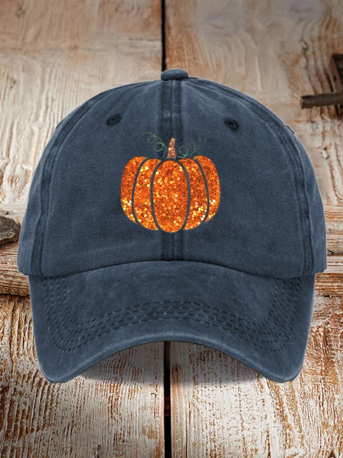 Unisex Washed Sequin Fall Pumpkin Print Hat