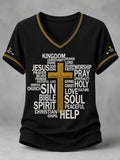 Women's Christian Jesus Print Casual V-Neck Tee