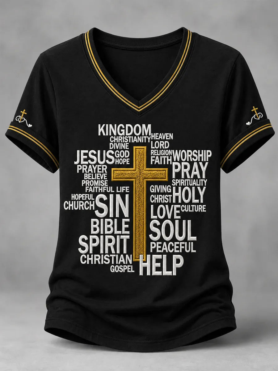 Women's Christian Jesus Print Casual V-Neck Tee
