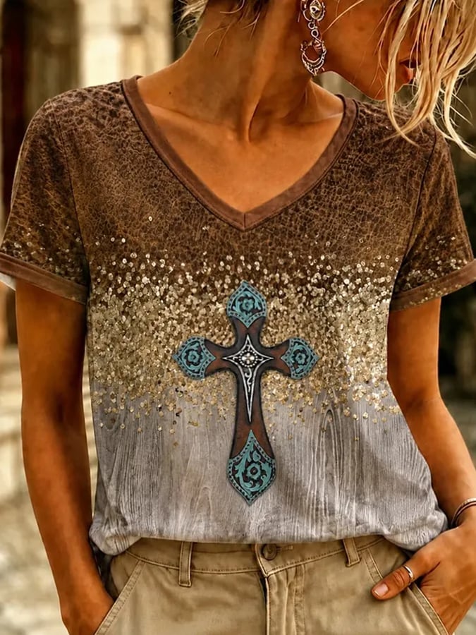 Women's  Retro Western-Style Faith Print T-shirt