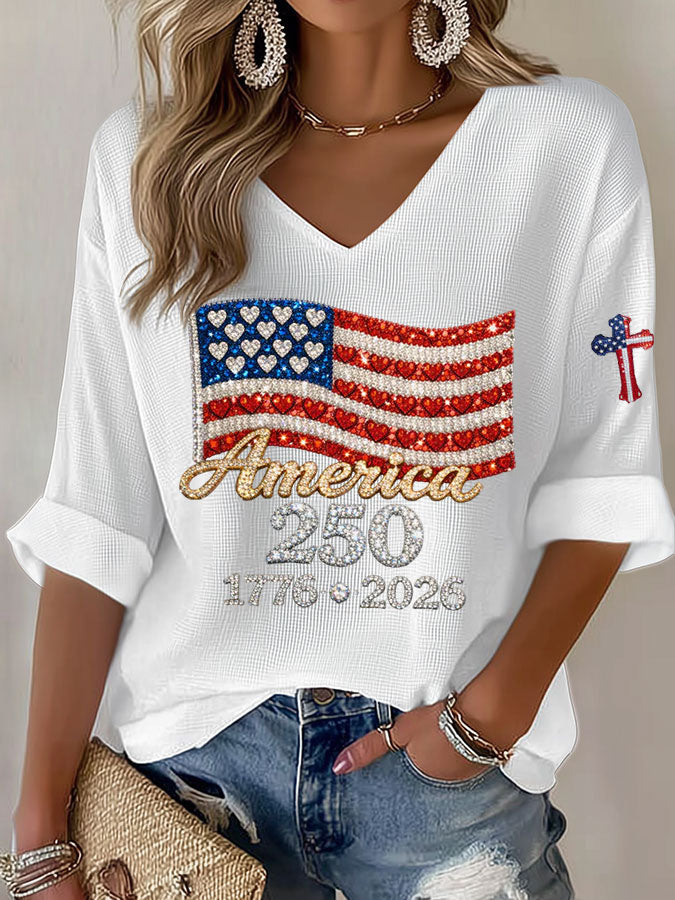 Women's American Flag Printed Casual Waffle Long Sleeve T-shirt