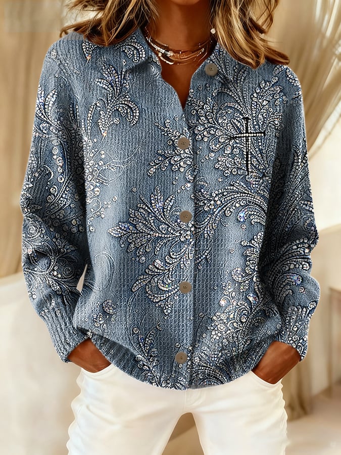 Women's Faith Print Knitted Collar Button Cardigan