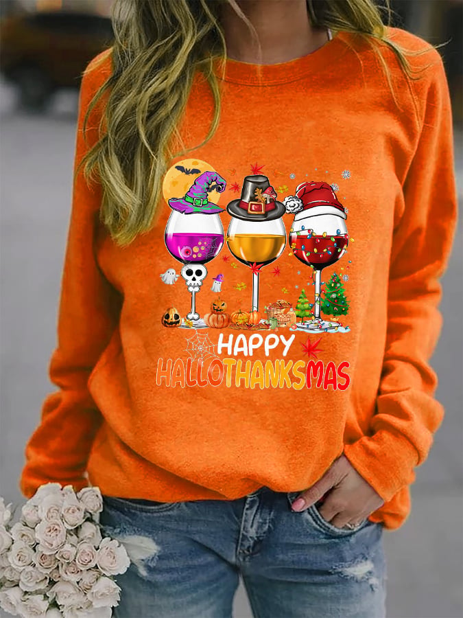Women's Happy Hallothanksmas Wine Print Sweatshirt