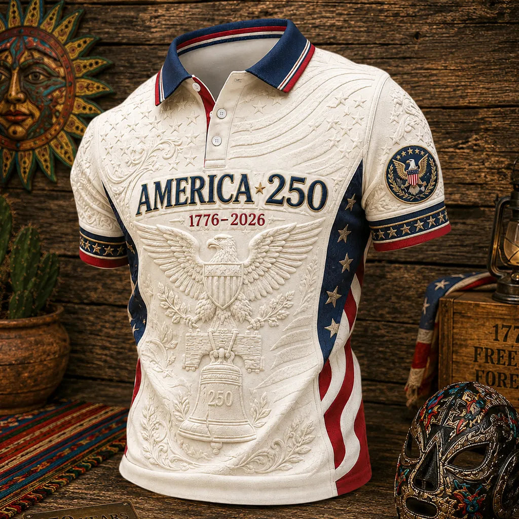 Men’s America 250th Anniversary Patriotic Polo Shirt, 1776–2026 Liberty Bell & Eagle Short Sleeve Collared Shirt
