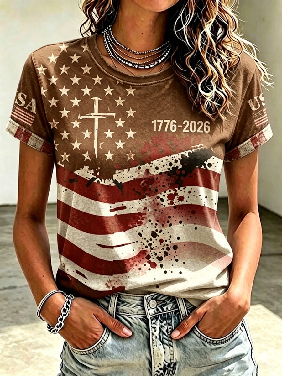 Ladies' Casual Round Neck American 250Th Anniversary Cross Print T-Shirt