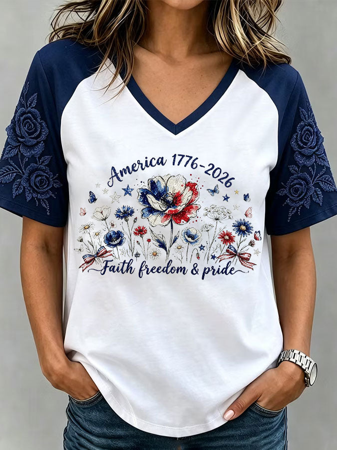 Women'S Casual Retro America Flag Floral Print T-Shirt